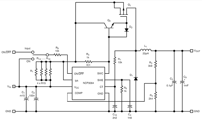 Schematic - onsemi NCP3064 Buck Boost Inverting Switching Regulators
